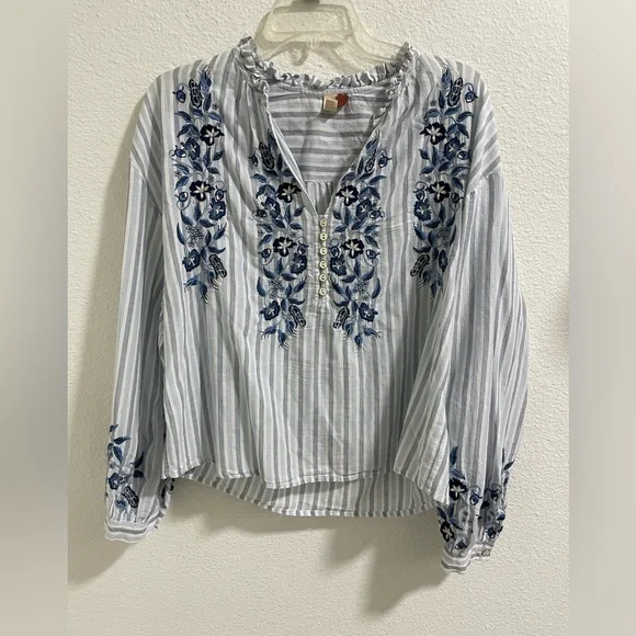 Pilcro Anthropologie Blue and White Striped Embroidered Women's Top - Picture 3 of 9